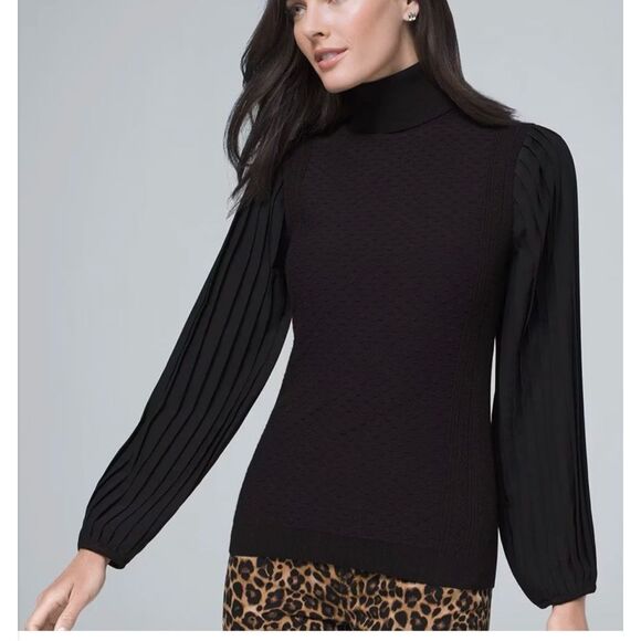 WHBM Sheer Puff Sleeve Textured Knit Turtleneck Black Size Small - Picture 1 of 7